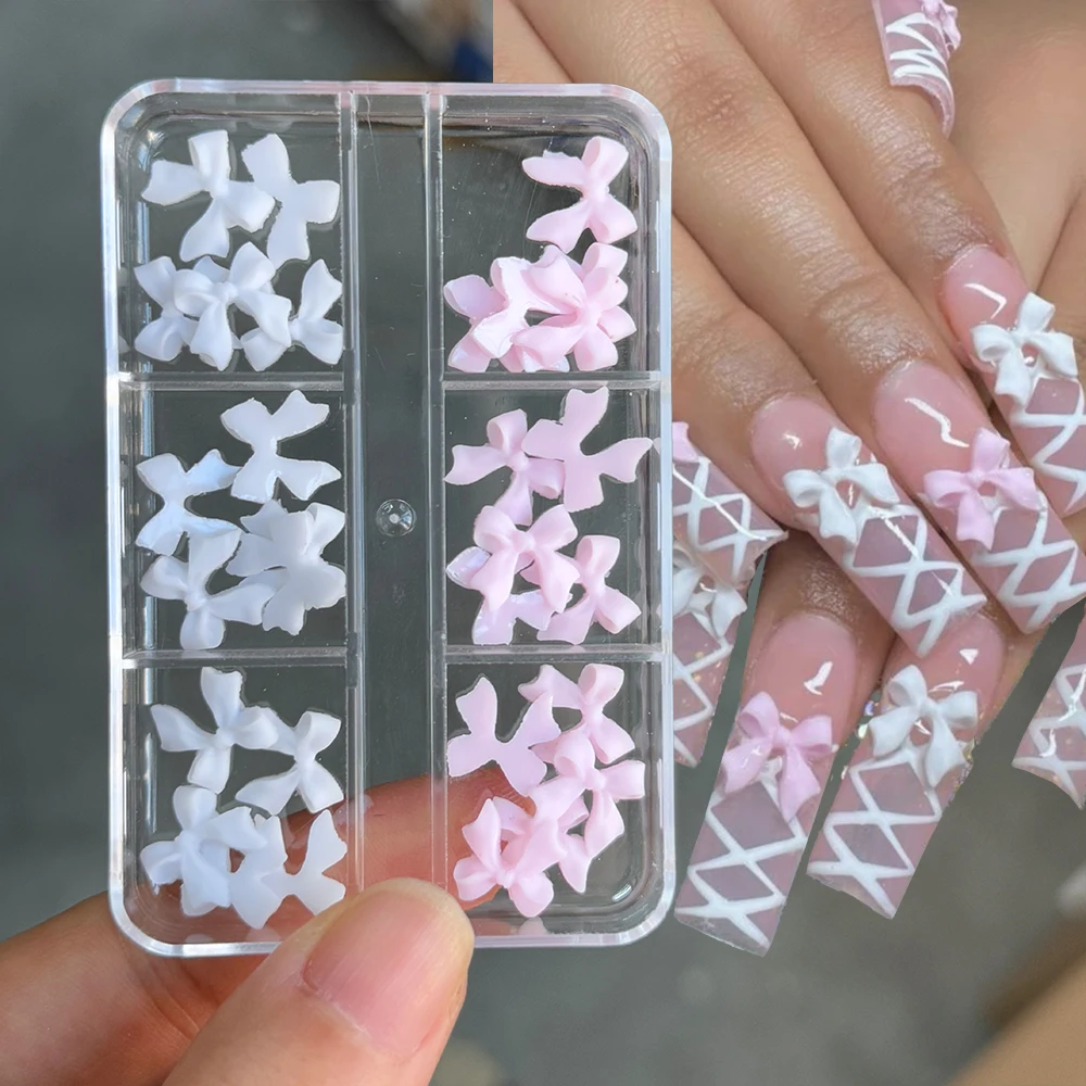 6Grids 3D Kawaii Strik Nail Art Decoraties Wit Roze Hars Strik Nail Charms Y2k Plaksteen Bowtie Ambachten Nagel Accessorie