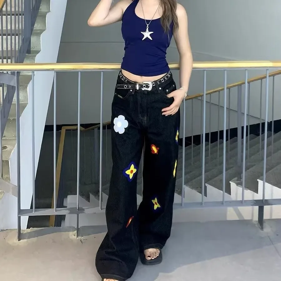 

American Flair Retro Solid Color Floral Embroidery Scimitar Denim Women's 2026 Fall New Loose Wide Leg Pants