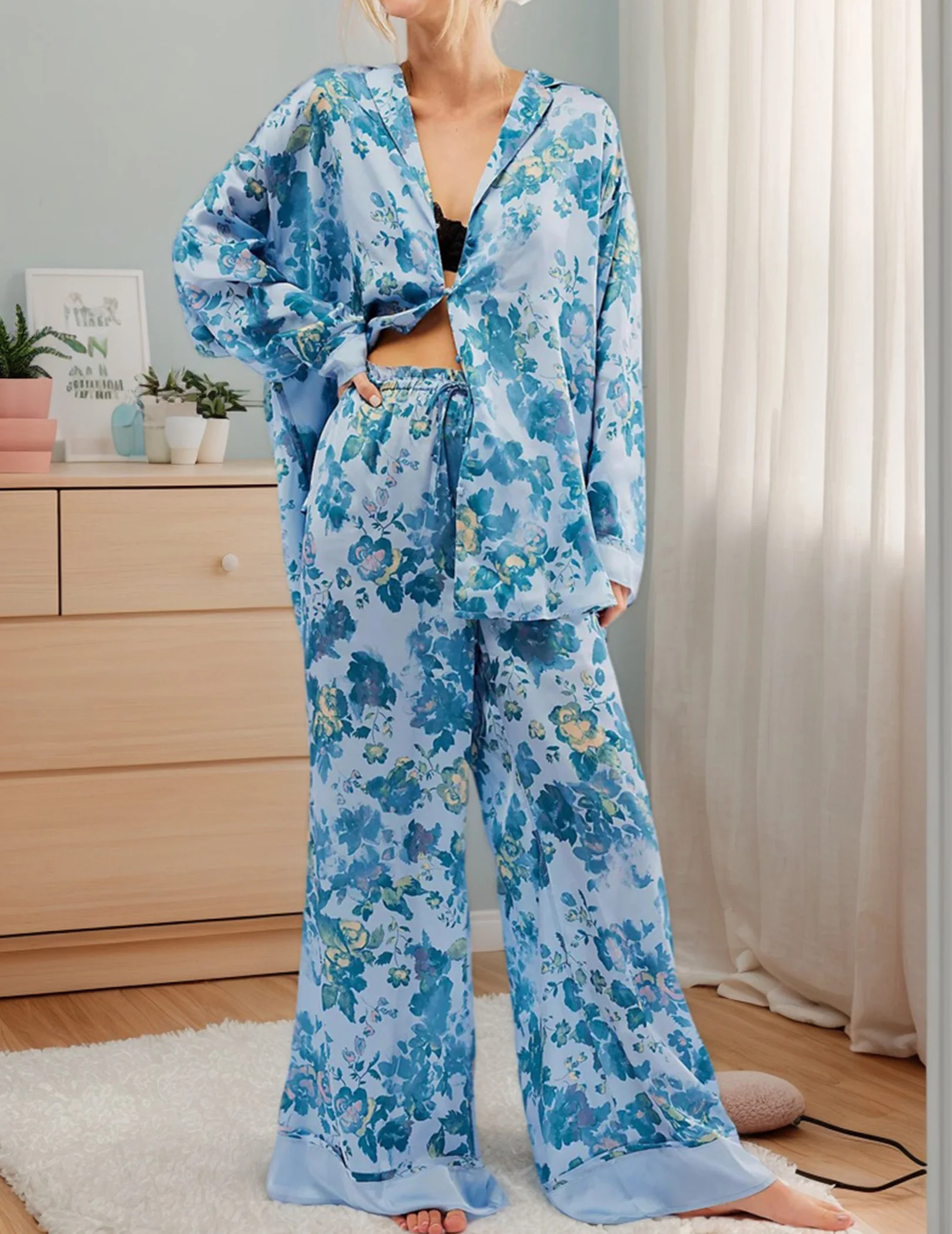 المرأة الساتان بيجامة مجموعة زر أسفل القمصان بنطال ذو قصة أرجل واسعة Pjs الأزهار بيجامة من الحرير 2 قطعة صالة مجموعات ملابس خاصة #2