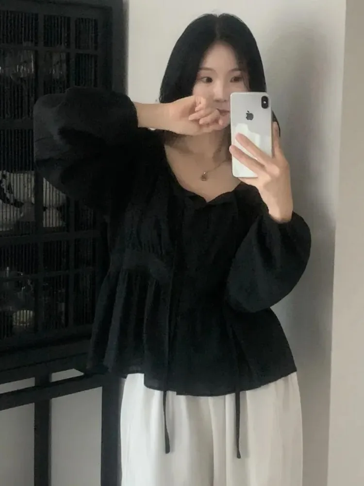 

Chic Autumnal Sweet Textured Sa Loose Casual Bubble Sve irt Women's Faionable Commute Sle Medium Softn Long Sve