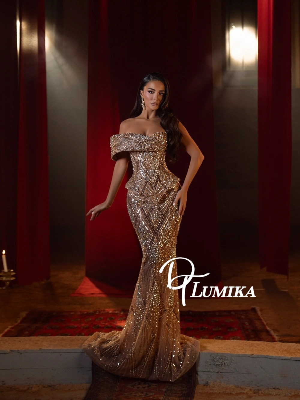

Richly Off Shoulder Sequin Mermaid Evening Dress Champagne Gold Beaded Geometric Pattern Train Formal Prom Red Carpet Gala Gown