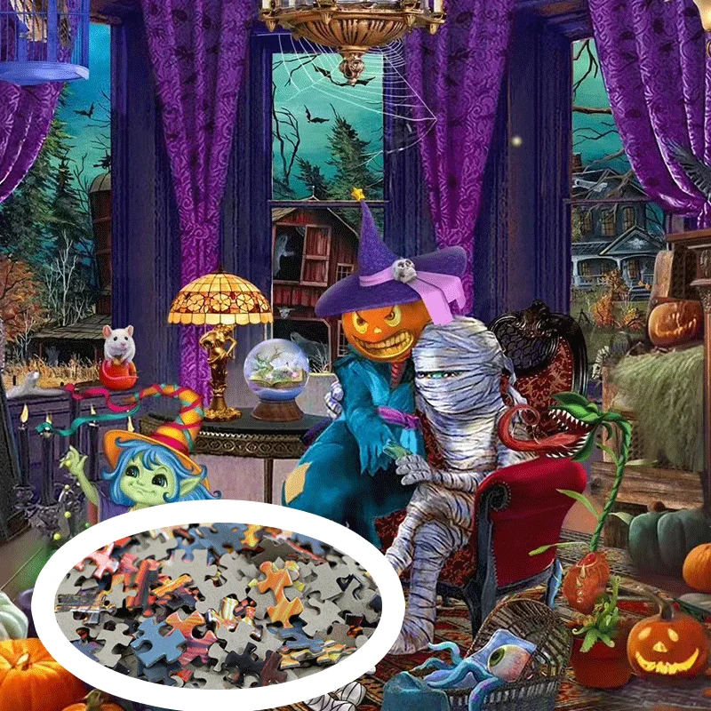 500 قطعة من أحجية الهالوين للبالغين - مشهد منزل مسكون على شكل يقطين مخيف - 18 × 11 بوصة (46 × 28 سم) - ورق مقوى رمادي سميك 1.5 مم #4