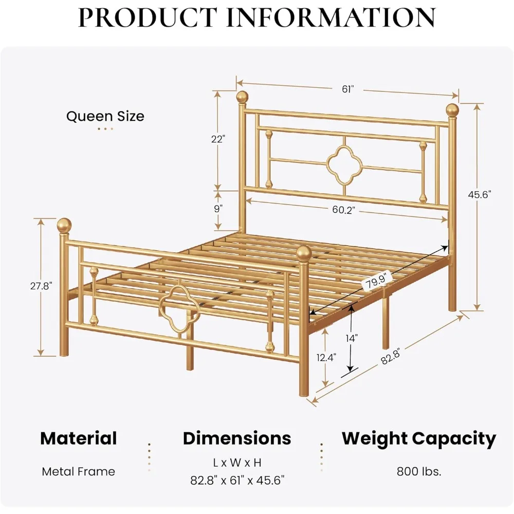 

14 Inches Queen Size Metal Platform Bed Frame/Vintage Iron-Art Headboard and Footboard/Mattress Foundation for Storage
