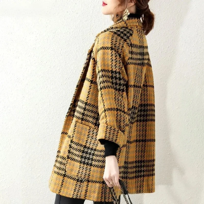 Plaid Casual Wollen Windjack Vrouwen Overjas Herfst Winter 2025, Nieuwe Koreaanse Losse Double-Breasted High-End Wollen Jas