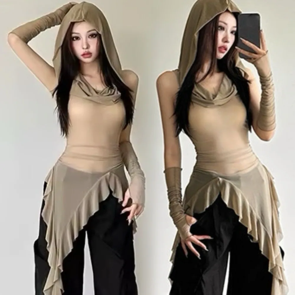 

Korean Y2K Ins Jellyfish Mesh Belt T-Shirt Mesh Shaped Waist Pleated Slim Fit Tops Off Shoulders Irregular Ribbons Ruffle Hoodie