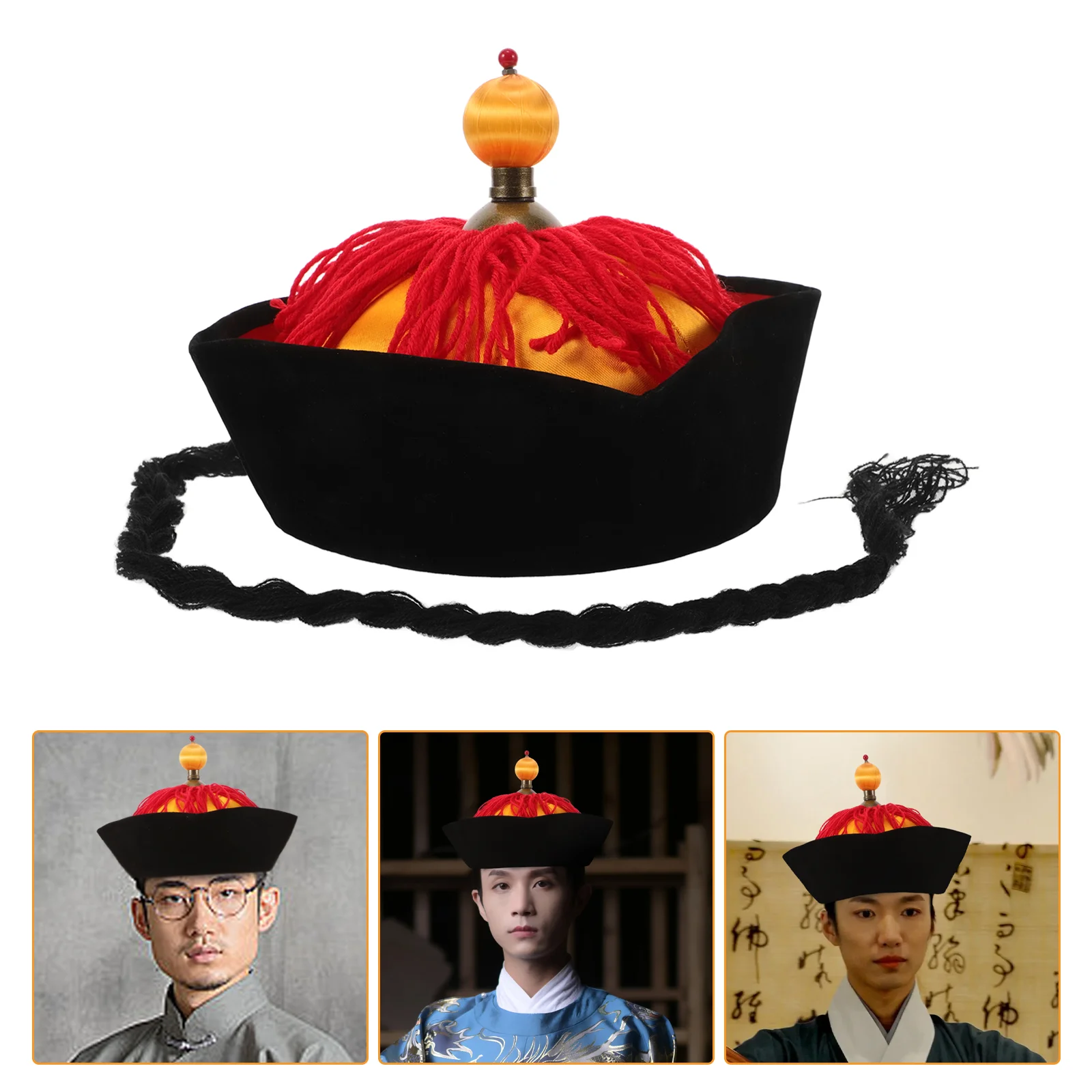 Halloween Hat Hanfu Emperor with Braids Chinese Oriental Party Performance Prop Cosplay Costume Black Traditional Accessories