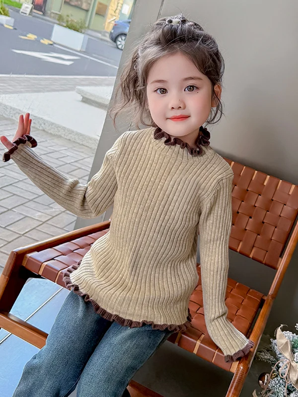 

Вязаный свитер для девочек с деревянным воротником-стойкой и эластичным теплым базовым слоем, топ f High Ne Long Sve Thiened Autumn W...