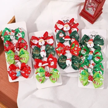 Accesorios para el cabello de Navidad para niña, conjunto de 4 piezas de horquilla para niña, estilo de dibujos animados de Papá Noel, pinza para el pelo con lazo, sombreros de fiesta