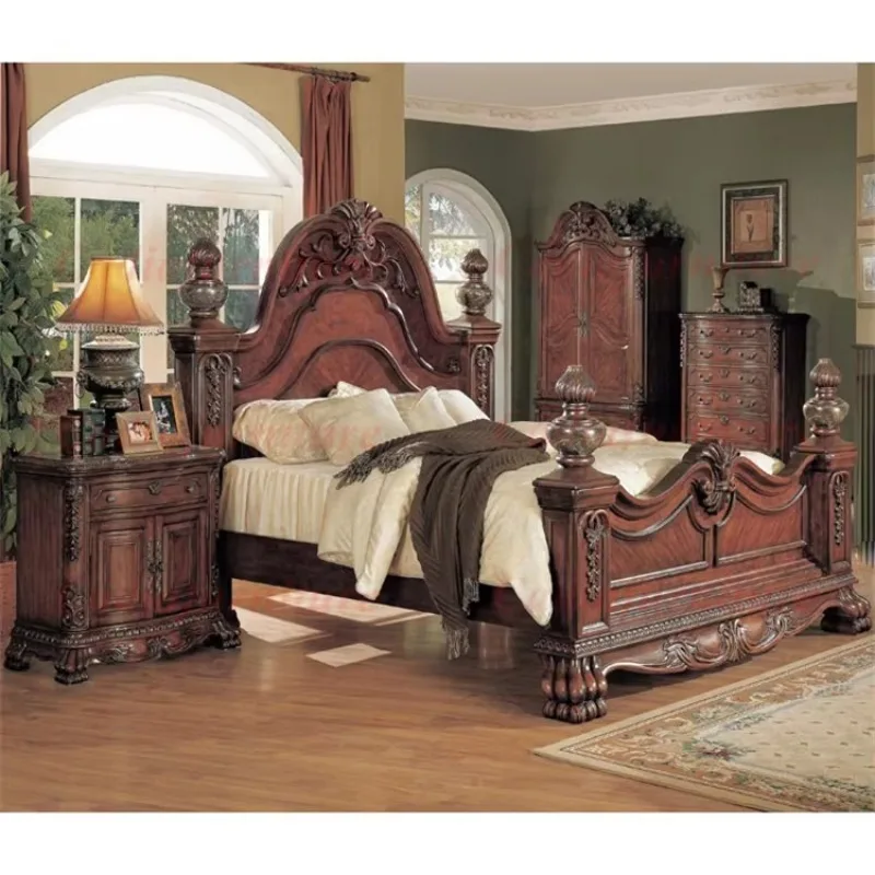 Wood Furniture Bed Royal Bedroom Furniture Set French Hand Carved Wooden European Antique Design Solid Home Furniture