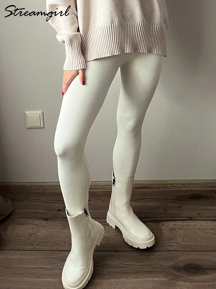 Leggings térmicos de spandex para mulheres, cintura alta, calças justas de fitness esticáveis, leggings pretas com nervuras de ginástica, bege,