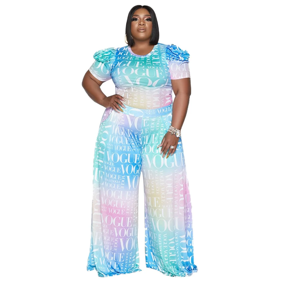 Plus Size Sets L-4XL Casual Tie Dye Printed Two Piece Set Summer Puff Sleeve Top Wide Leg Pants 2 Piece Steetwear Clothings 2023