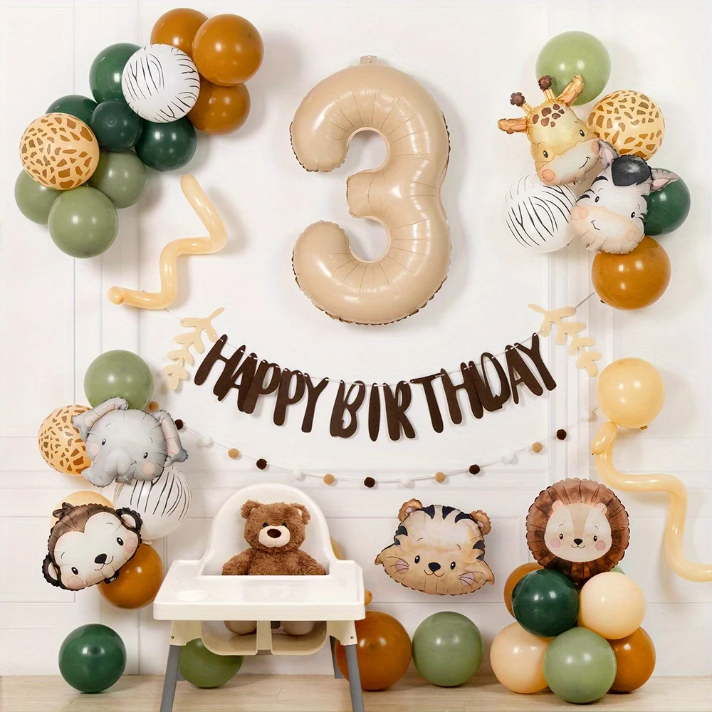 55 قطعة بالونات عيد ميلاد حيوانات سفاري الغابة راية للأطفال 1 سنة زينة حفلات أعياد الميلاد البرية واحدة خضراء اللاتكس الهيليوم Globos #1