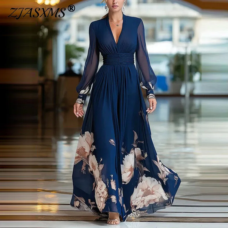 Sexy Maxikleid mit tiefem V-Ausschnitt und geraffter Taille, fließendes Kleid für Damen, elegantes Partykleid mit Blumenmuster für den Frühling, transparente Ärmel, Urlaubskleid für den Sommer