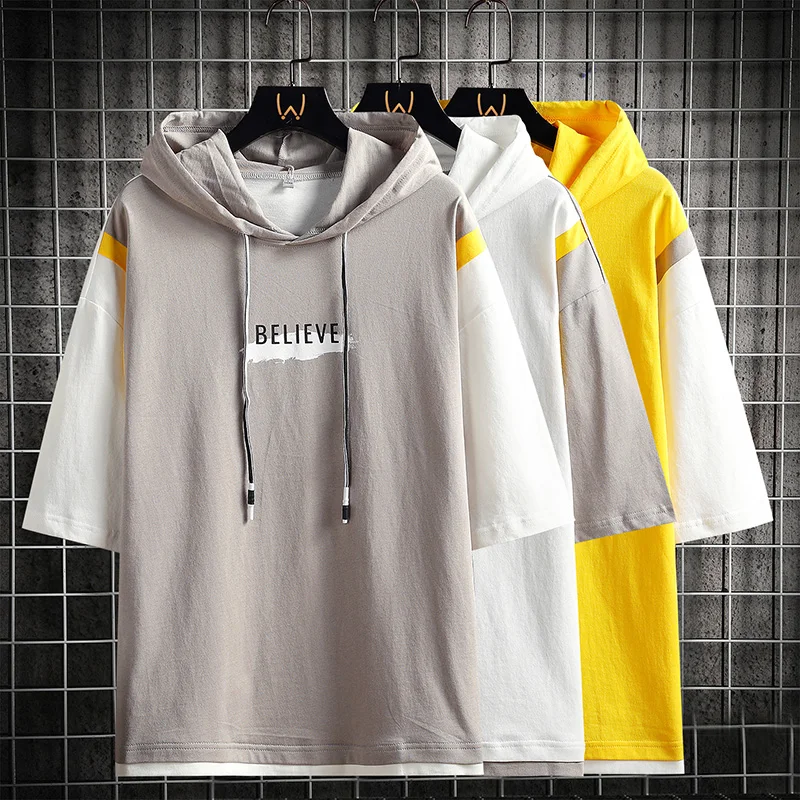 Pure cotton summer hooded quarter sleeved short sleeved T-shirt hoodie loose fitting t-shirt for men and two trendy brand men