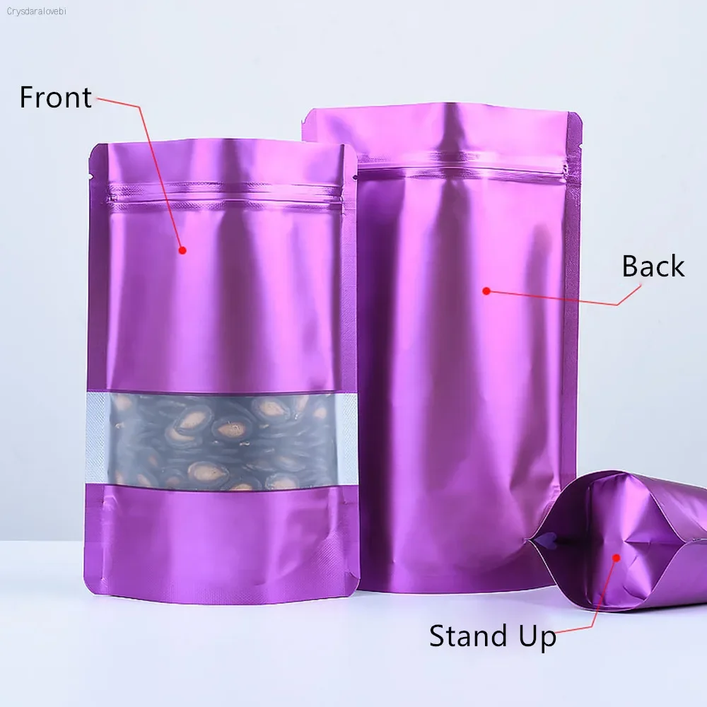 100Pcs/Lot Purple Aluminum Foil Stand Up Bag with Matte Clear Window Zip Lock Self Seal Reusable Doypack Food Snack Bean Pouches