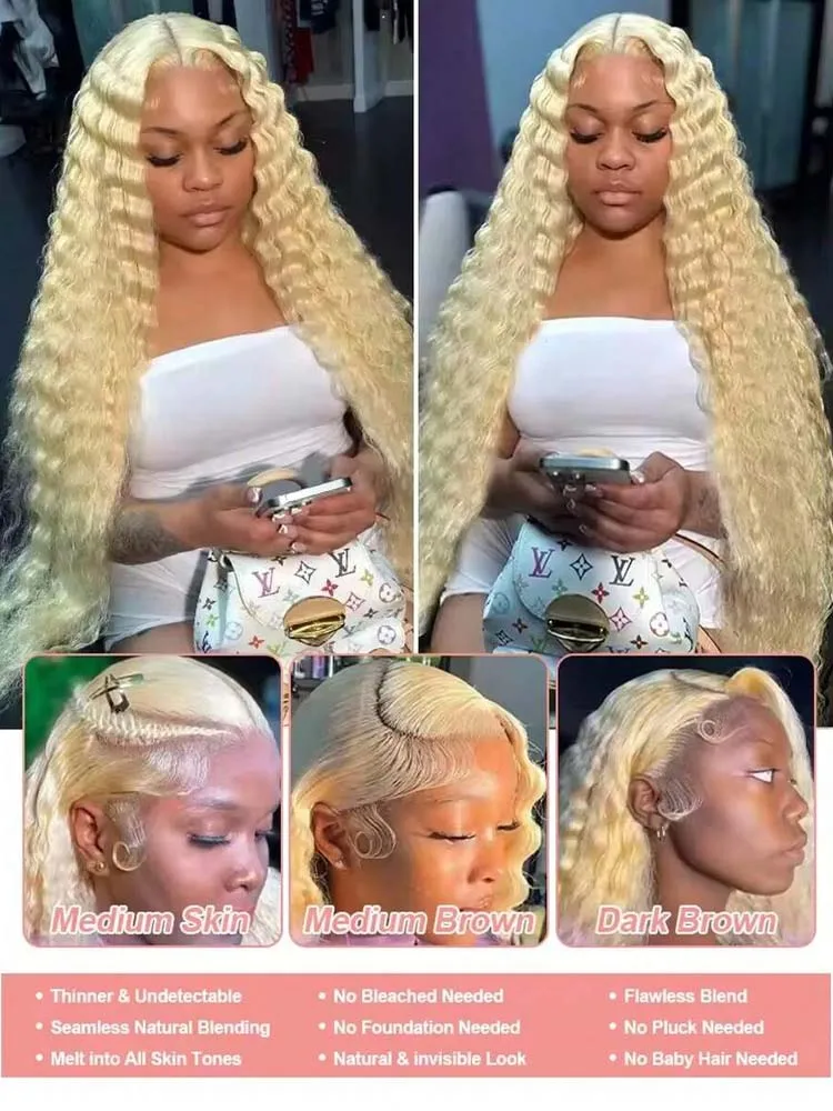 34-дюймовые парики, человеческие волосы, блондинка, кружевная передняя часть, глубокая волна, 613, блондинка 13x4 HD, прозрачные вьющиеся, настоящие человеческие волосы, плотность 250%