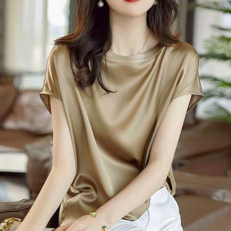 Acetate Satin Top O-neck Bat Sleeves French Elegant Office Lady Thin Shirt And Blouses Women Clothes Summer Casual Solid T-shirt