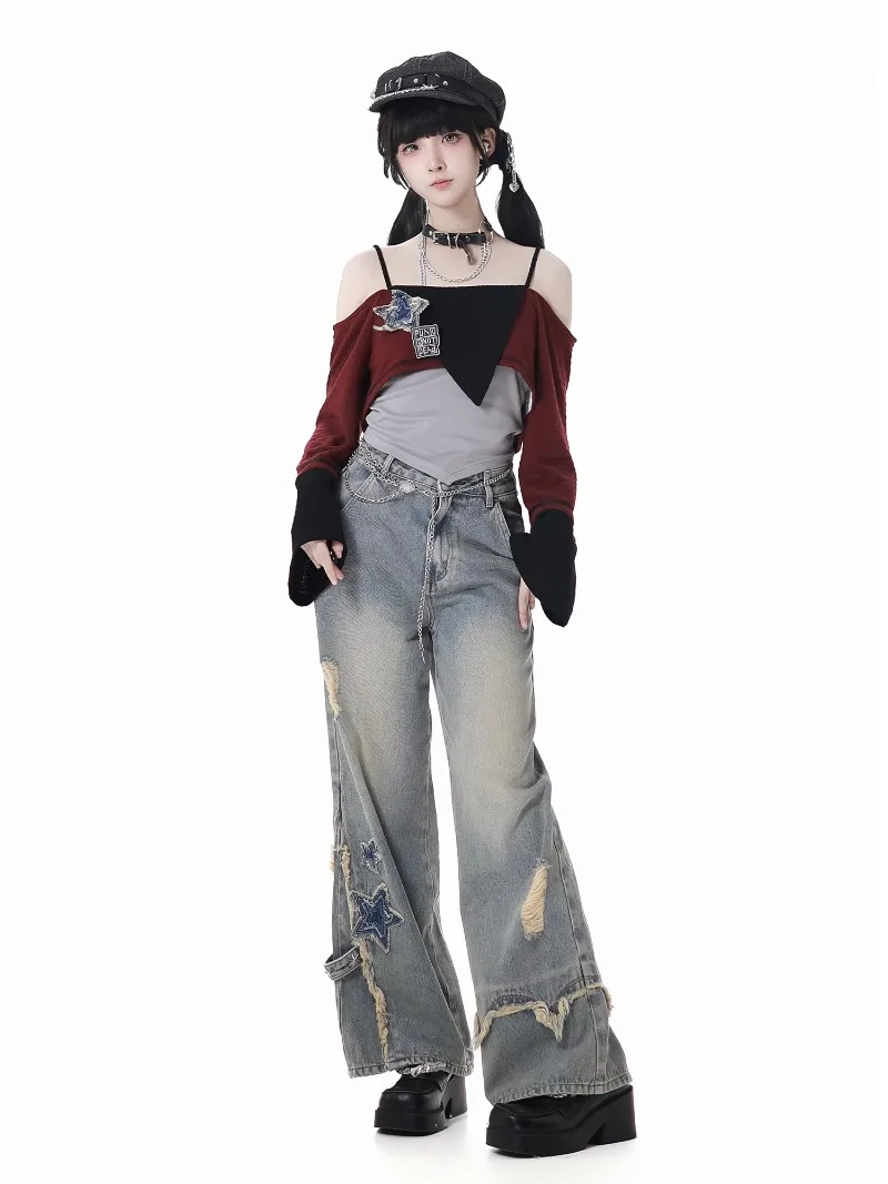 American Retro Jeans Washed Stars Thin Legs Waist Chain Original Design Trousers Women's Zipper High-waisted Denim Pants Clothes