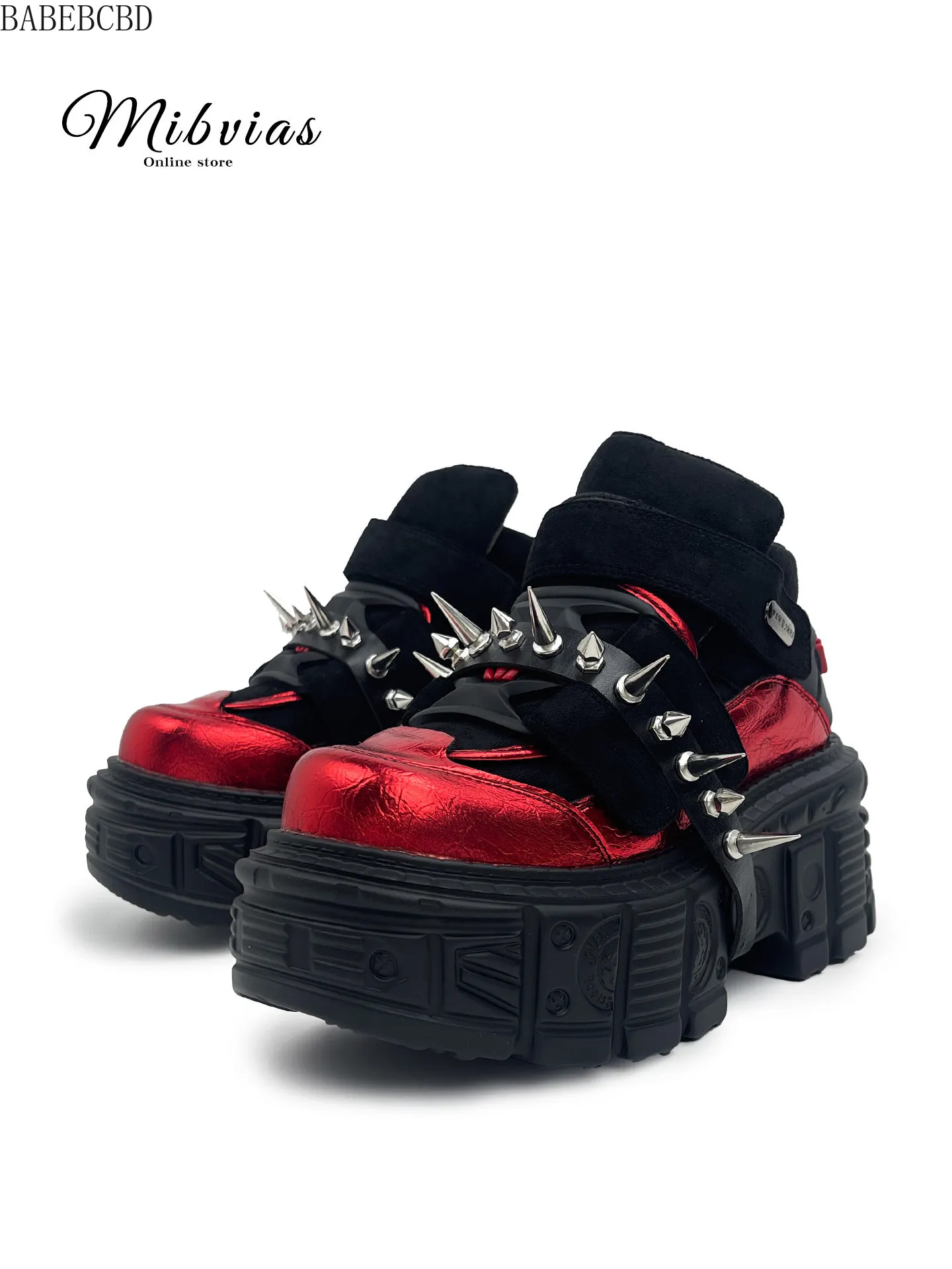 2026 Punk Red and Black Rivet Hook and Loop Platform Women's Subculture Y2k Spice Girls Height- Increasing Muffin Shoes 9cm