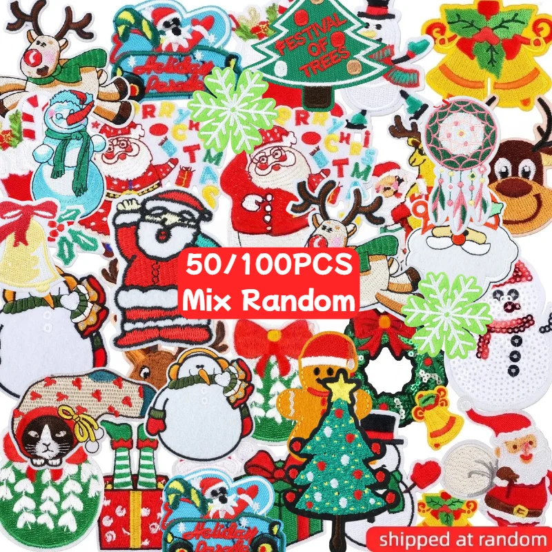 50/100Pcs Christmas Iron on Patches,Festive Embroidered Appliques Santa Snowman Mix Random for DIY Crafts Stocking Stuffers