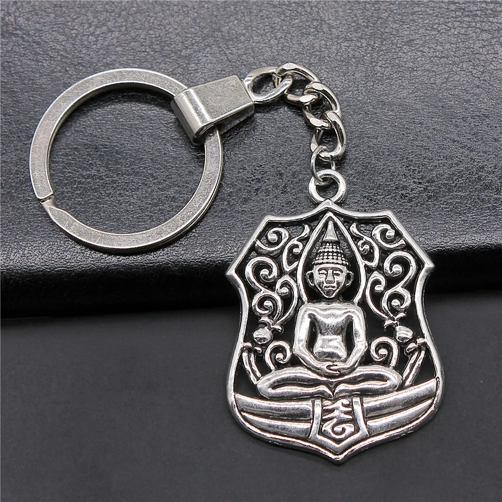 Women Men Keychain DIY Metal Holder Chain Antique Silver Color 46x33mm Buddha Statue Pendant Keyring Gift