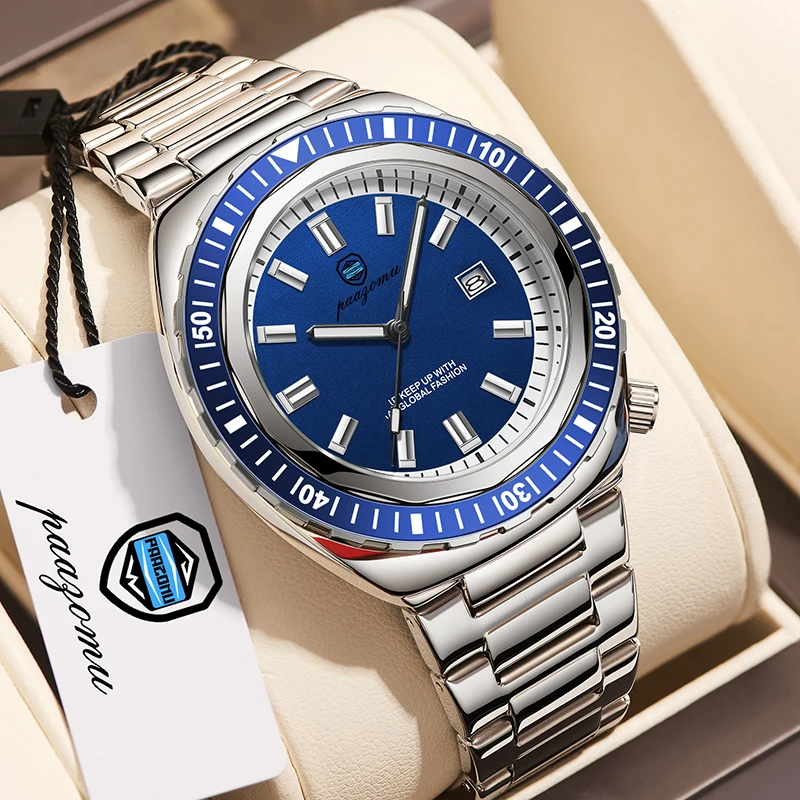 

PAAZOMU Fashion Diving Watch Men's Stainless Steel Bracelet Blue Bezel Quartz Watch Calendar Luminous Hands Men's Watches Reloj