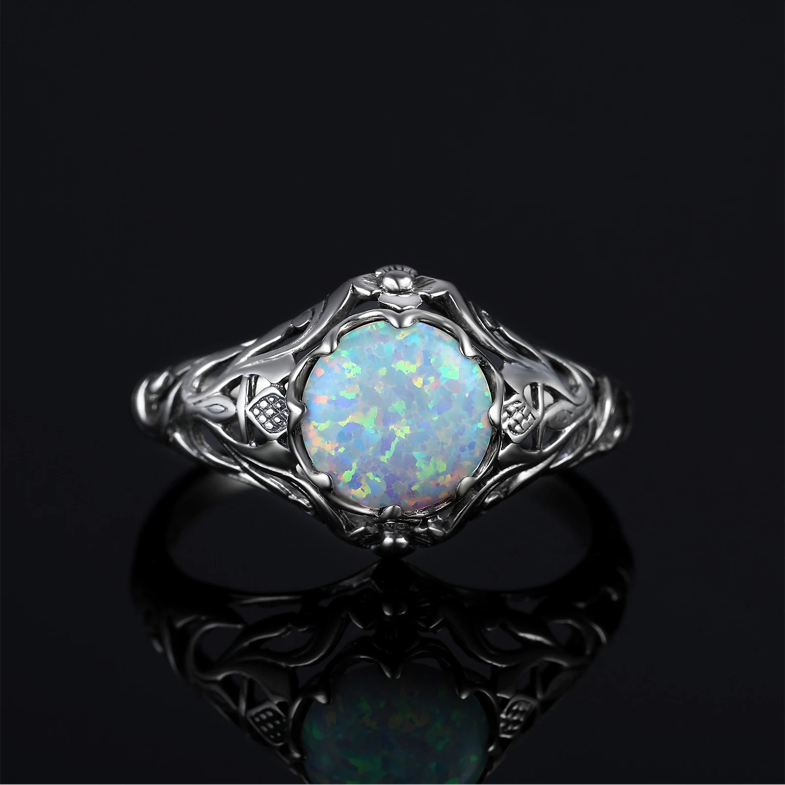 Vintage 925 Silver Original Opal Rings 925 Silver Woman Exquisite Filigree Cocktail Party Birthstone Gift Ring Fine Jewelry