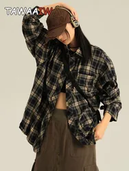 Tawaaiw Streetwear Spring Vintage Plaid Shirts Women Long Sleeve Oversize Button Up Turn-down Collar Korean Style Blouse Tops