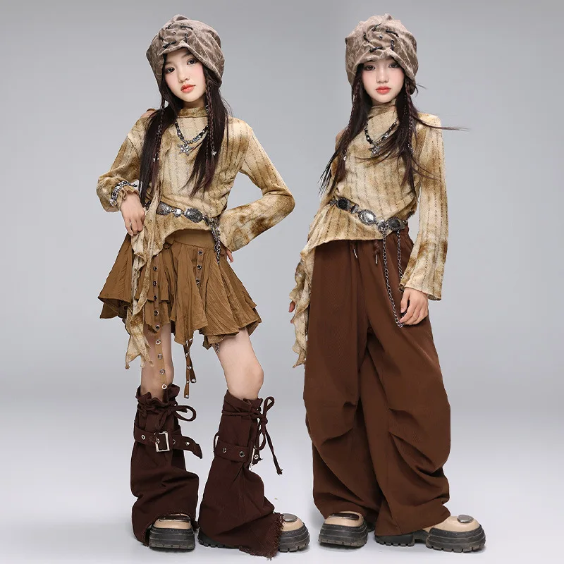 Kid Hip Hop Clothing Distressed Crop Top T Shirt Coffee Casual Wide Pants Strap Pleated Skirt for Girls Dance Costumes Clothes