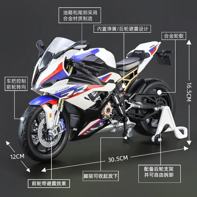 1:9 BMW S1000RR Diecast Model sepeda motor logam, hadiah mainan anak laki-laki sepeda motor logam kolektif ringan