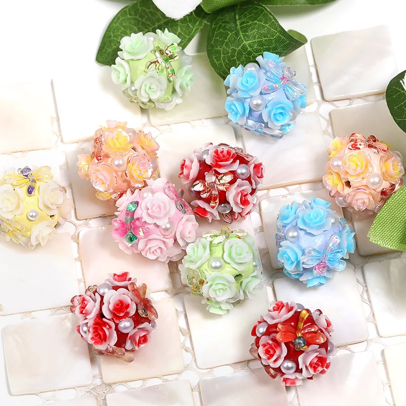 Newest Resin Flowers Decorated Round Gumball Floral Bubblegum Necklace Beads Ornament Accessories Material Pen Making 19mm 20pcs