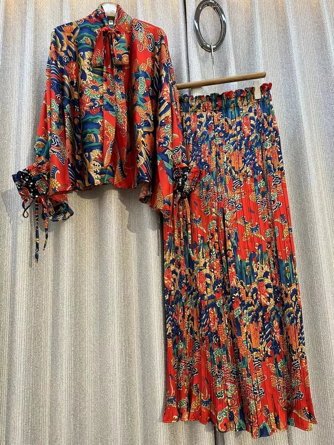 New Spring Women Loose Print Chic and Elegant Tops 2 Piece Set Bow Bat Sleeve Clothing For High Waist Female Casual Pants Suit