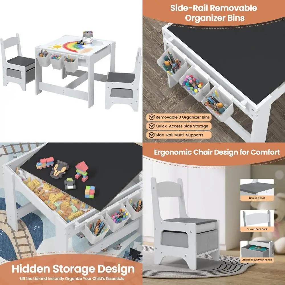 

Деревянный стол и стул для малышей 3-в-1 со съемной доской для граффити и ящиками для хранения