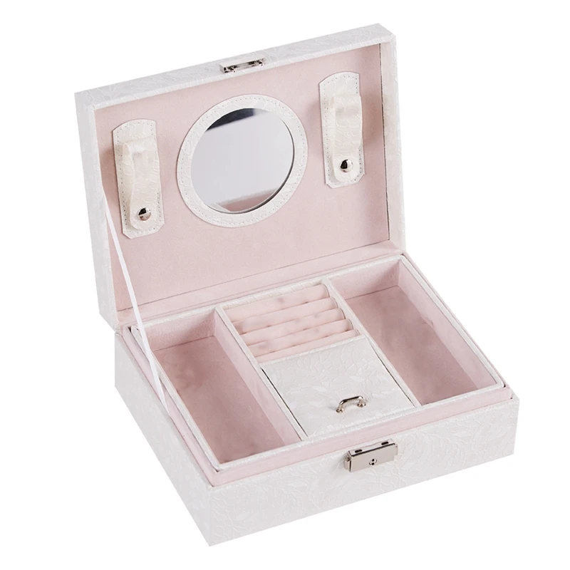 Jewelry Box For Women, 2 Layers Jewelry Storage Case With Mirror Jewelry Organizer For Necklace Earrings Bracelets White