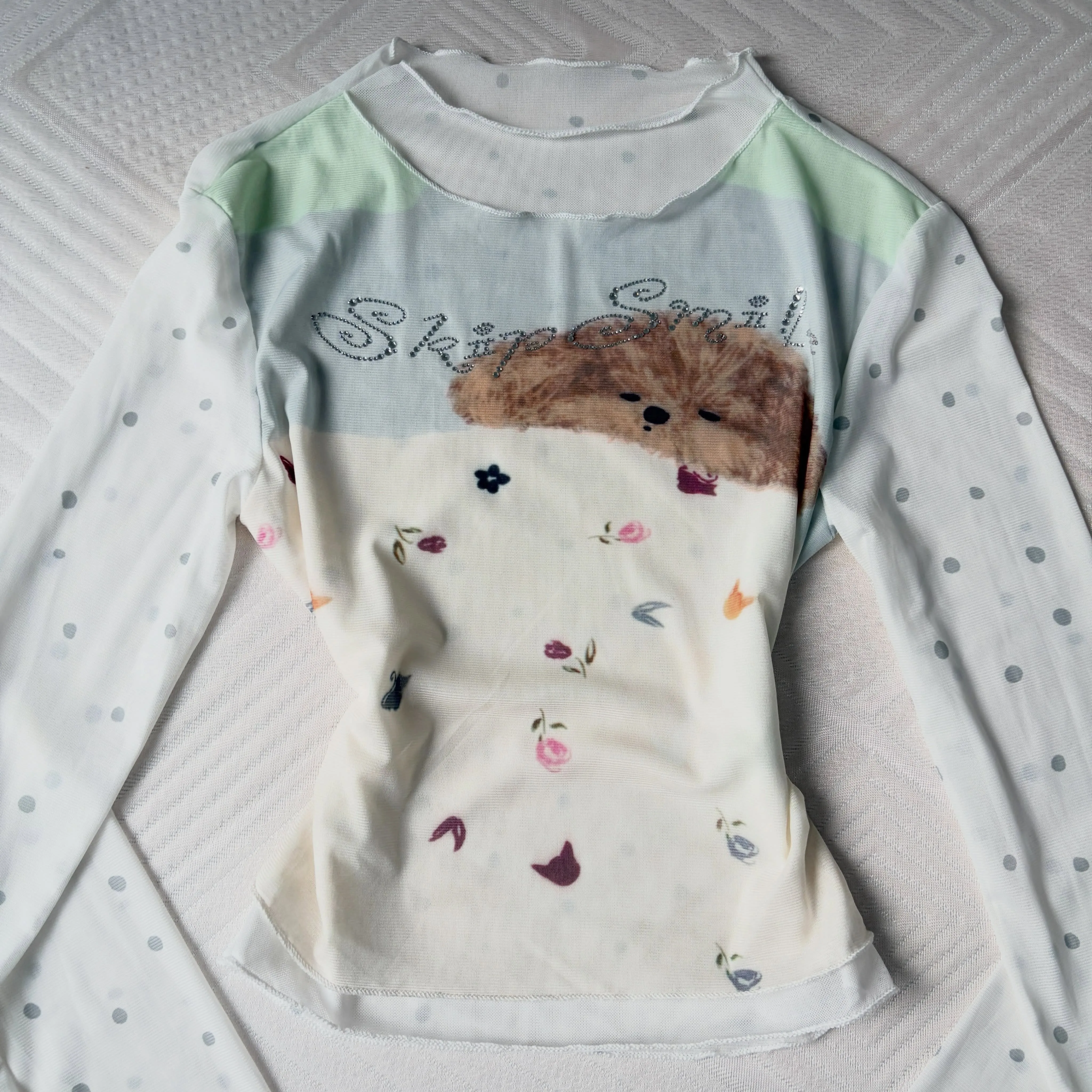 Coquette Kawaii Women Fitted Mesh Long Sleeve Shirt Cute Puppy Rhinestone Skip Smile Gradient Dot Y2K Sweet Casual Top
