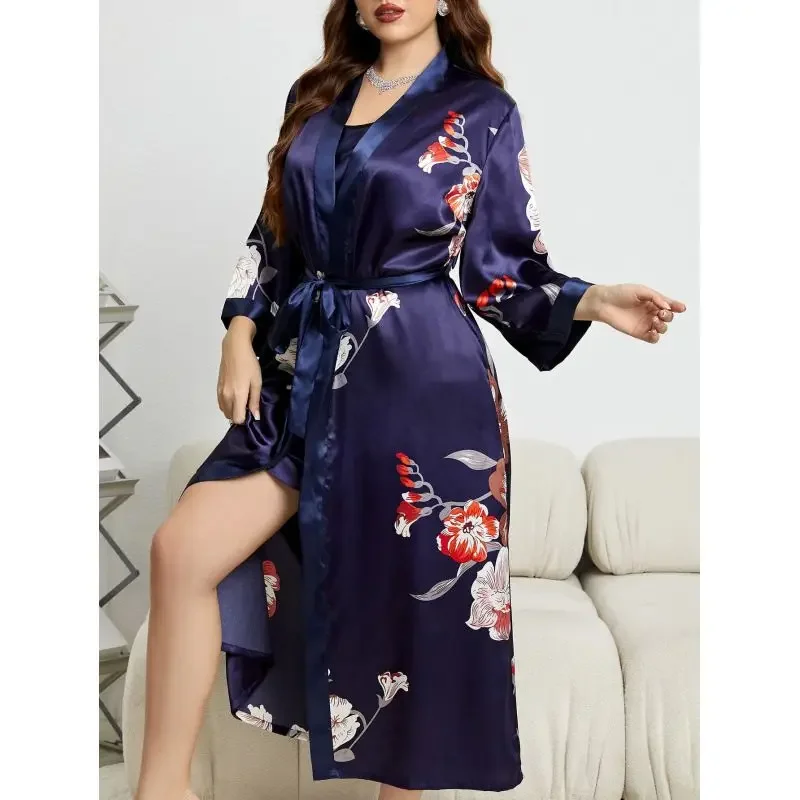 

Women's Spring Summer European and American Loose Pajamas 105KG Large Size Pajamas Long Simulated Silk Fat Sister Pajamas Yukata