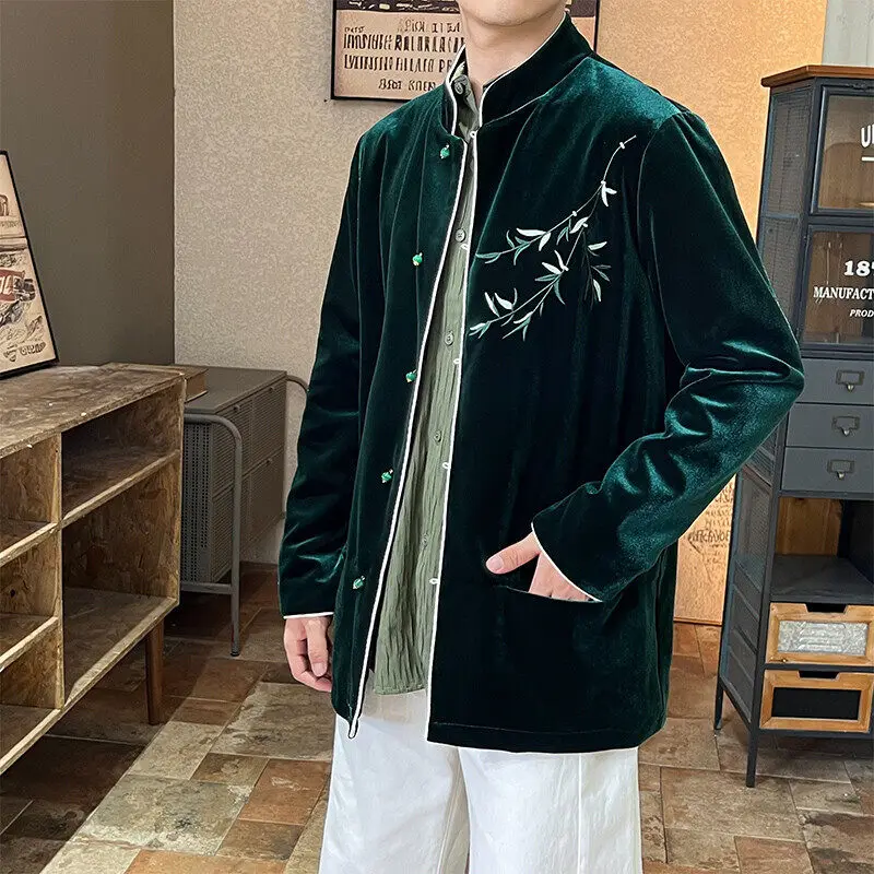 

Мужской бархатный джет, осенне-зимний свободный повседневный костюм Тан с вышивкой из бамбука Le, верхняя одежда Thiened Long Sve Youth