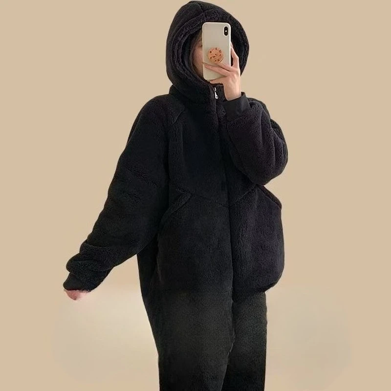 

Двусторонняя флисовая верхняя одежда, шляпа, полный комплект, утолщенная теплая домашняя одежда, пижамы, утолщенные, очень толстые, можно носить на улице