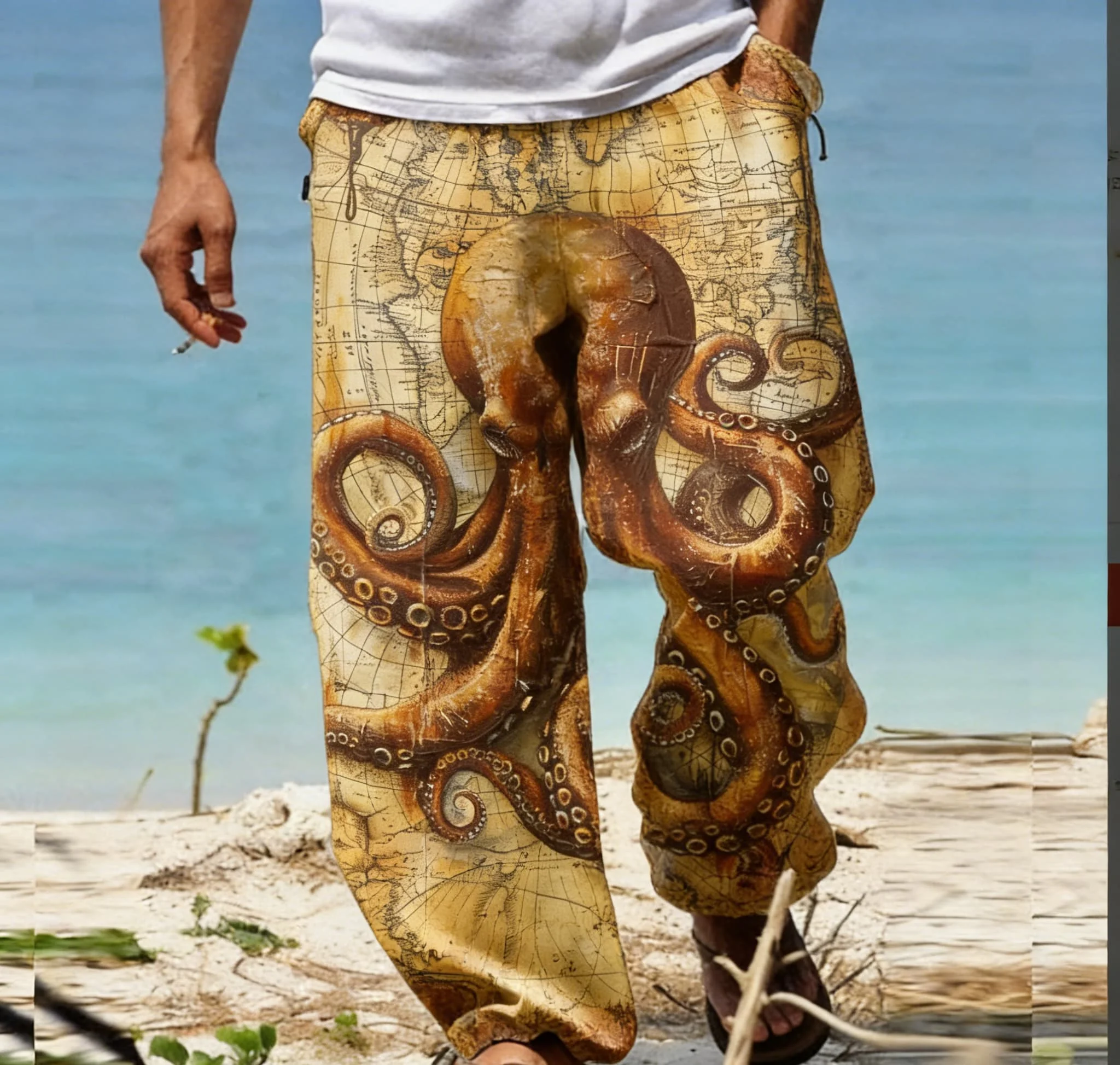 

Мужские летние тонкие быстросохнущие брюки с широкими штанинами в ретро-стиле с принтом осьминога для отпуска в гавайском стиле