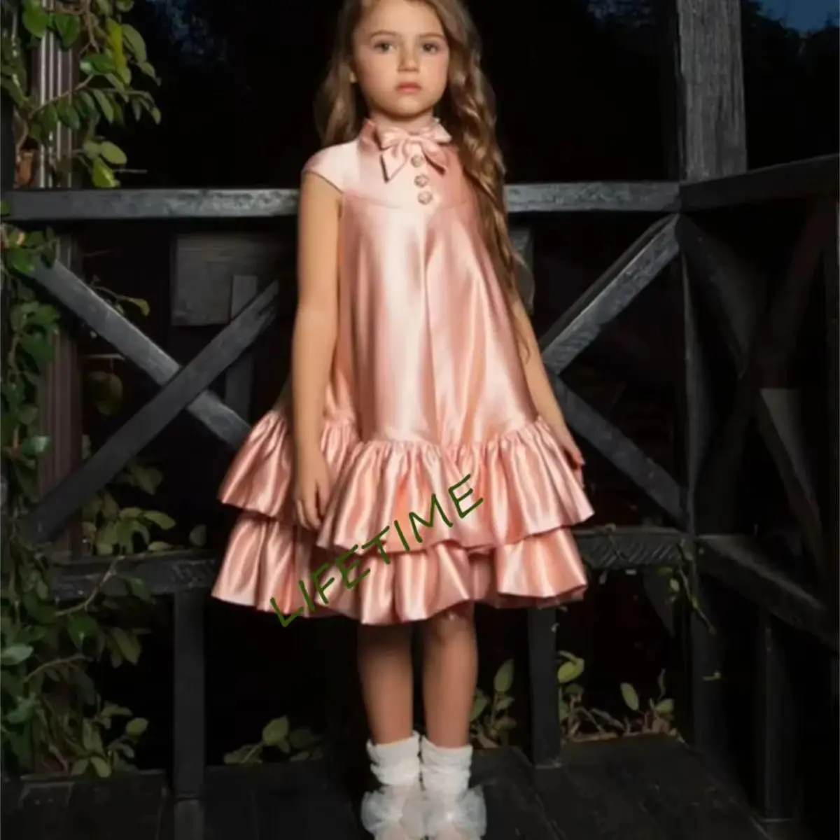 Customized Pink Satin Flower Girl Dress High Collar Knee-Length Elegant Little Girl First Communion Wedding Dress