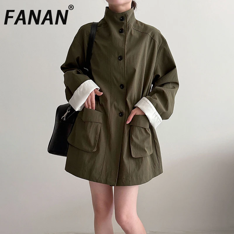 

FANAN Elegant Stand Neck Drawstring Trench For Women Single Breasted Long Sleeve Office Lady Windbreaker 2025 Autumn New