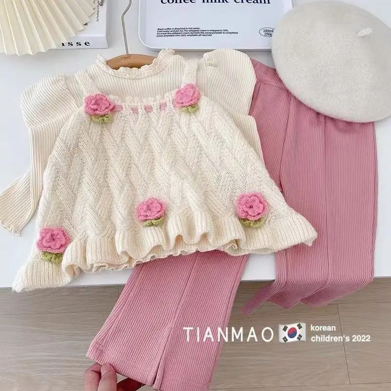 Children Cute Tops Clothing Spring Autumn Girls Clothes Set New Fashion Korean Style knitting Vest Shirts Flare Pants Kids