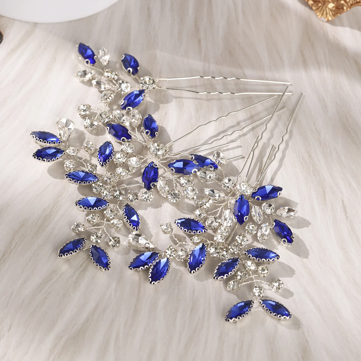 Forcine per capelli eleganti da sposa in cristallo blu, foglie di moda, strass, fermagli per capelli, copricapo per le donne, gioielli per feste, accessori per capelli
