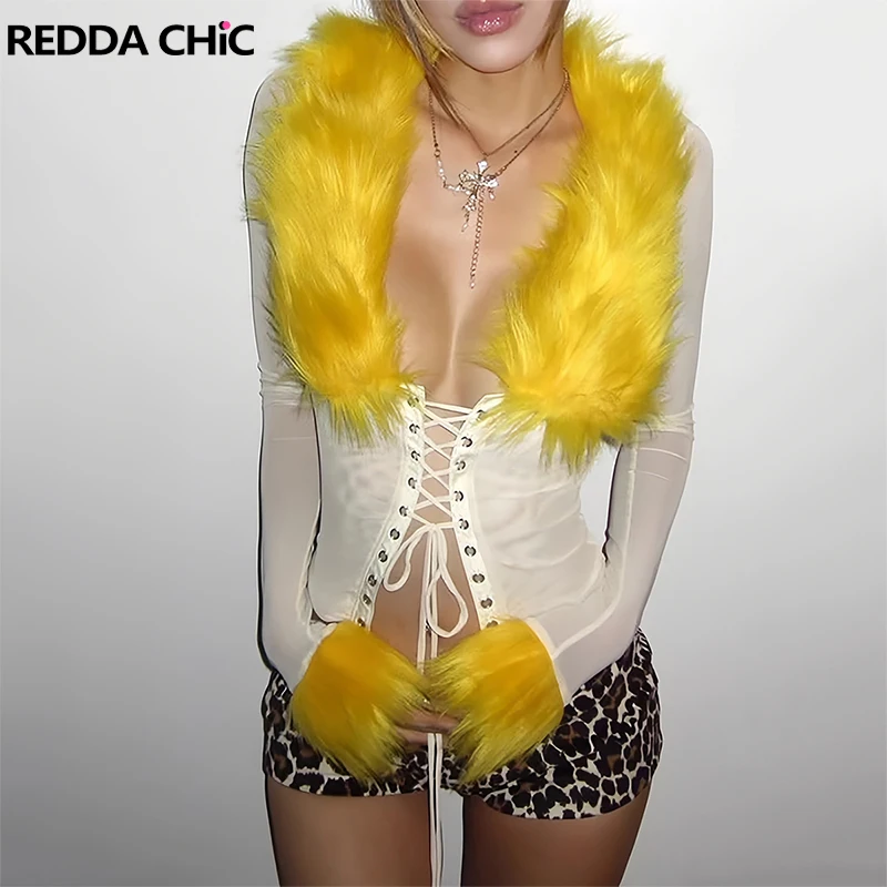 

REDDACHiC Furry Lapel Cropped Top for Women Lace Up Semi-sheer Faux Fur Cuffs Long Sleeve T-shirt Y2k Party Festival Outfits