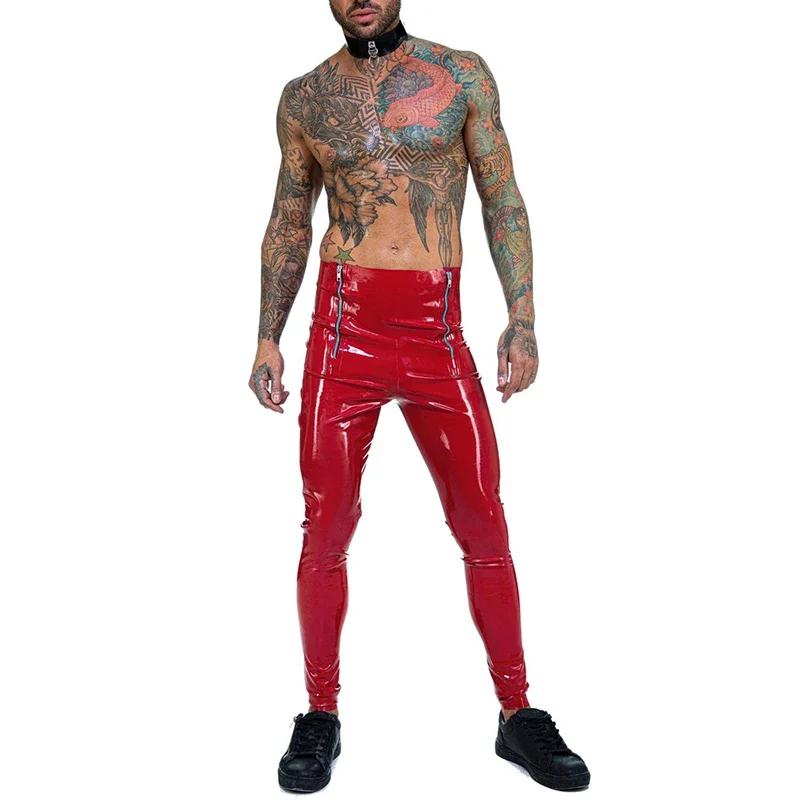 

Sexy Men Punk Style Patent Leather Pants Zipper Patchwork Party PVC Legging Low Waist Bodycon Performance Clothing Unisex Custom