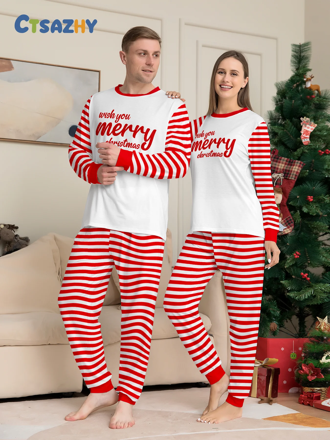 

Christmas Couple Pajamas Set 'Wish You Merry Christmas' & Striped Print Long Sleeve Sleepwear