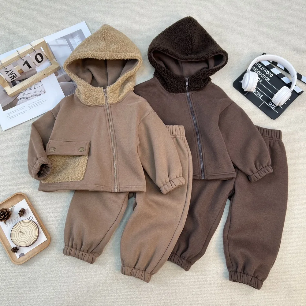 

2025 Winter Children's Clothing Set 1-6T Korean Fleece Splice Zipper Hoodie Coat + Sweat Pants Boys Girls Thick Warm 2pcs Suit