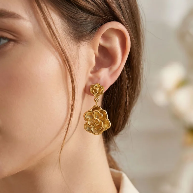 CarlidanaEuropean and American style double-layered three-dimensional rose earrings Embossed floral delicate and luxurious earri
