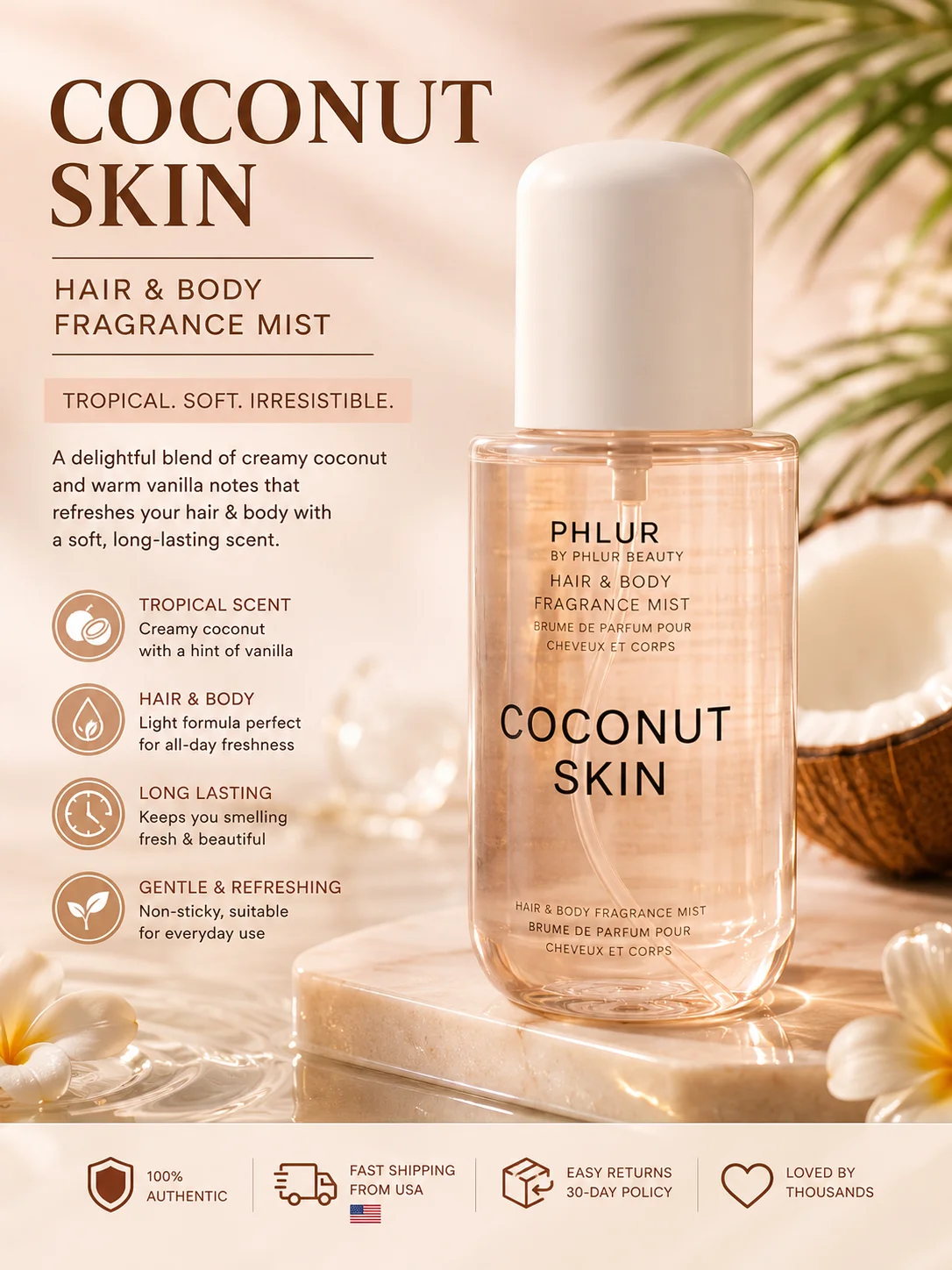 

PHLUR Coconut Skin Hair & Body Fragrance Mist - Tropical Coconut Scent Perfume Spray - Long Lasting Body Mist For Women