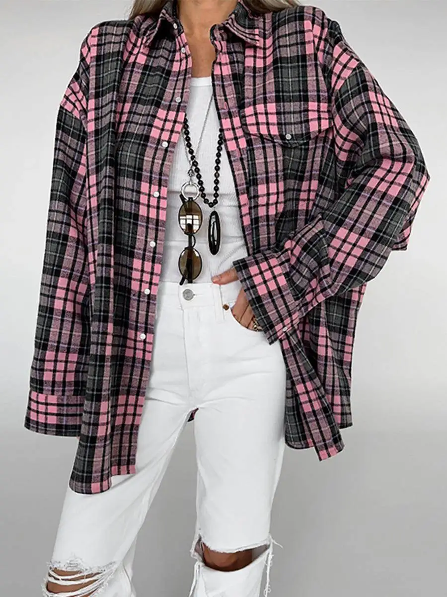 

Loose Pink Cheered Faionable Casual Women's irt Long Sve Turn-down Collar Mid-length Other 00% Material Ladies irt